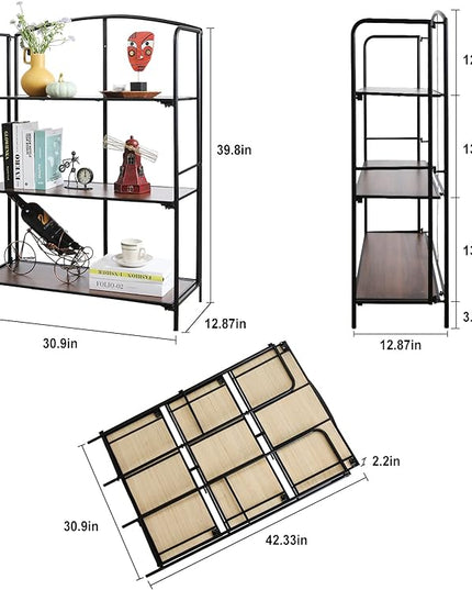 No Assembly Folding Bookshelf, 3 Tier Black Bookshelf, Metal Book Shelf for Storage, Folding Bookcase for Office Organization and Storage, 12.87" D x 30.9" W x 42.33" H - LeafyLoom