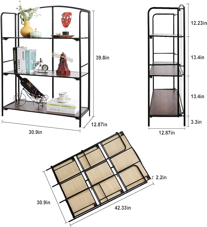 No Assembly Folding Bookshelf, 3 Tier Black Bookshelf, Metal Book Shelf for Storage, Folding Bookcase for Office Organization and Storage, 12.87" D x 30.9" W x 42.33" H - LeafyLoom