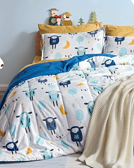 SLEEP ZONE Kids Bedding Comforter Set Full/Queen Size - Super Cute & Soft Kids Bedding 7 Pieces Set with Comforter, Sheet, Pillowcase & Sham (Blue Sheep) - LeafyLoom