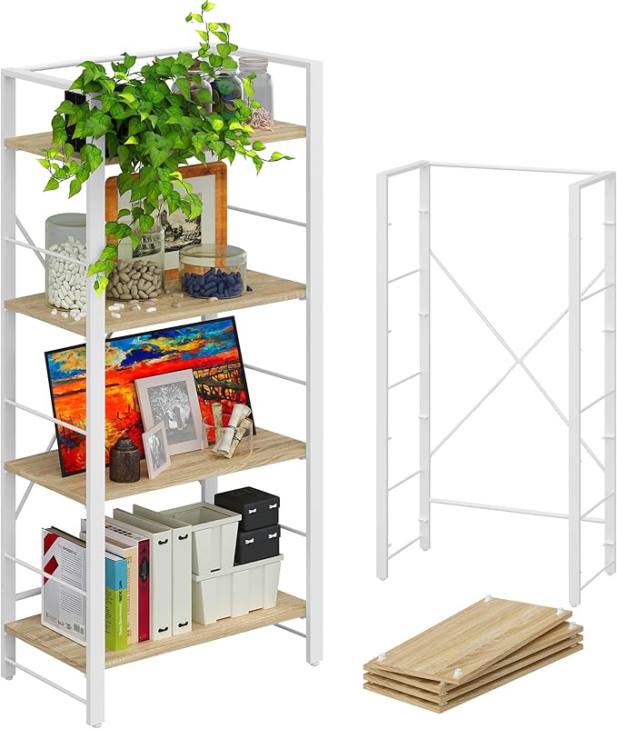 4NM Bookshelf 4 Tier Industrial Bookcase Home Office Adjustable Bookshelves Storage Shelves Organizer Vintage Book Shelf Display Rack for Living Room, Bedroom,Home - Natural - LeafyLoom