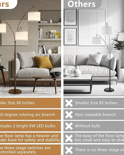 Dimmable Arc Floor Lamps for Living Room-Modern 3 Lights arch Floor Lamp, Mid Century Tall Standing Reading Lamp for Bedroom Office Include Bulbs (Brown) - LeafyLoom