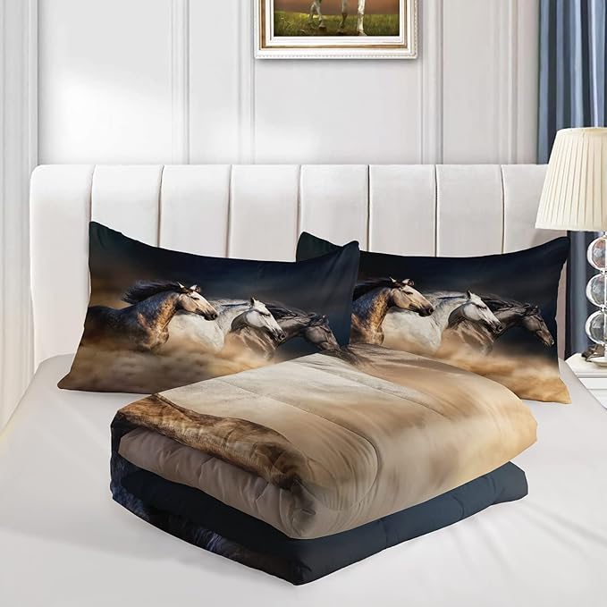 Horse Comforter King Size,Galloping Horse Comforter Set for Kids Teens Girls Boys,3Pcs Bedding Set Printed Comforter with 2 Pillowcases,Soft and Lightweight，King Size - LeafyLoom