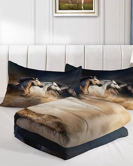 Horse Comforter Full Size,Galloping Horse Comforter Set for Kids Teens Girls Boys,3Pcs Bedding Set Printed Comforter with 2 Pillowcases,Soft and Lightweight，Full Size - LeafyLoom