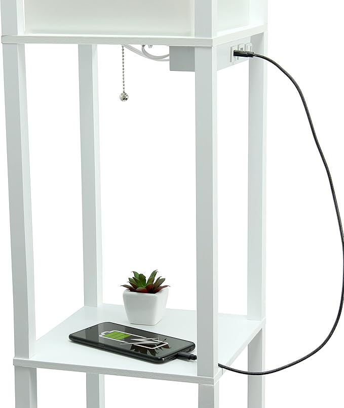 Simple Designs LF1037-WHT-LB Three Shelf Etagere Organizer Storage Floor Lamp with 2 Dual USB Ports and Charging Outlet, White, with Feit LED Bulb Included - LeafyLoom
