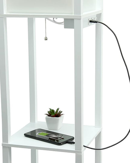 Simple Designs LF1037-WHT Floor Lamp Etagere Organizer Storage Shelf with 2 USB Charging Ports, 1 Charging Outlet and Linen Shade, White - LeafyLoom