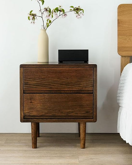 Night Stand, Mid Century Modern Nightstand w/2 Drawers, Boho Nightstand, Small Nightstand, Oak Bedroom Nightstand, Solid Wood Bedside Table, 17.72 W x 15.75 D x 19.69 H Inches(Walnut) - LeafyLoom