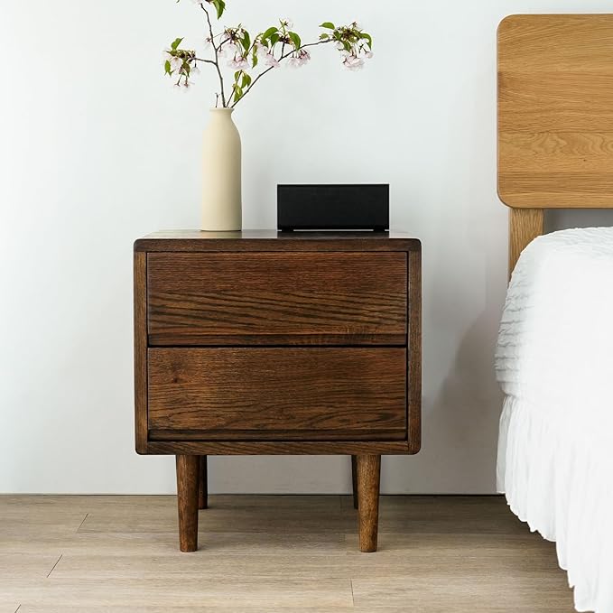 Night Stand, Mid Century Modern Nightstand w/2 Drawers, Boho Nightstand, Small Nightstand, Oak Bedroom Nightstand, Solid Wood Bedside Table, 17.72 W x 15.75 D x 19.69 H Inches(Walnut) - LeafyLoom