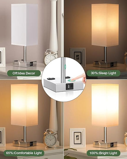 aooshine Set of 2 Touch Nightstand Lamp with USB-C+A Charge Ports& AC Outlets, 3-Way Dimmable Bedside Lamp with White Fabric Shade,Small Table Lamp for Bedroom Guest Room(Bulb Included) - LeafyLoom