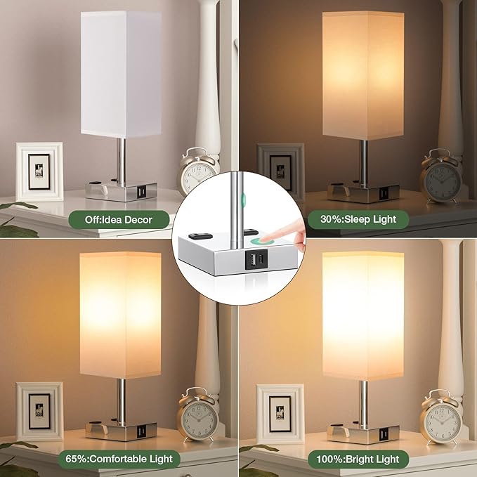 aooshine Set of 2 Touch Nightstand Lamp with USB-C+A Charge Ports& AC Outlets, 3-Way Dimmable Bedside Lamp with White Fabric Shade,Small Table Lamp for Bedroom Guest Room(Bulb Included) - LeafyLoom