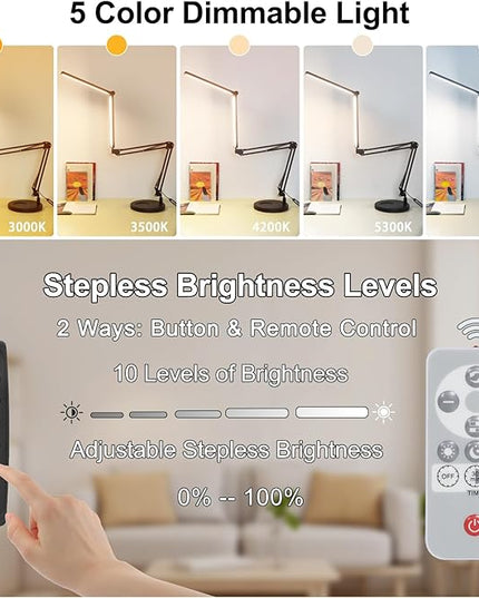 2-in-1 Desk Lamps for Nail Tech, 24W Large LED Desk Lamp with Remote Control, Dual Architect Lamp, 5 Colors Stepless Dimming Sleep Mode and Memory Function Workbench Light for Beauty Salon Home Office - LeafyLoom