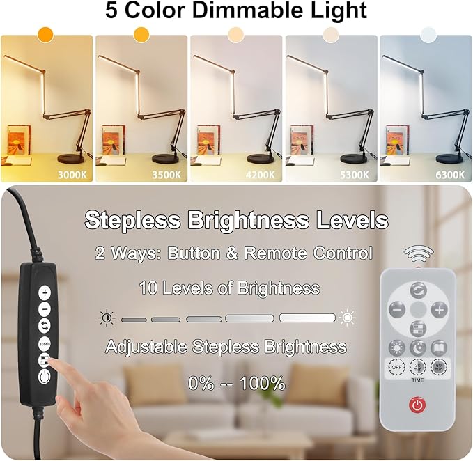 2-in-1 Desk Lamps for Nail Tech, 24W Large LED Desk Lamp with Remote Control, Dual Architect Lamp, 5 Colors Stepless Dimming Sleep Mode and Memory Function Workbench Light for Beauty Salon Home Office - LeafyLoom