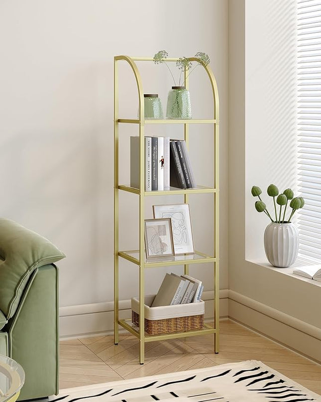 Bookcase Bookshelf, Tempered Glass Arched Bookshelf for More Storage, Slim Shelving Unit for Bedroom, Bathroom, Home Office, Steel Frame, 4 Tier Gold BC20499G - LeafyLoom