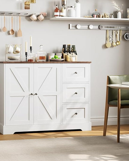 Farmhouse Buffet Cabinet with Storage, 41.3" Kitchen Cabinet with 3 Drawers and Shelves, Storage Cabinet or Kitchen, Home bar - LeafyLoom