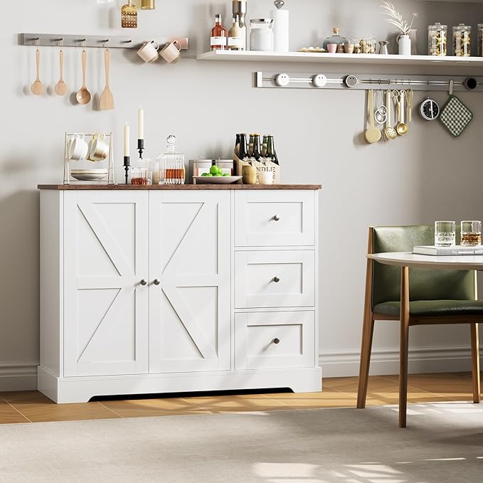 Farmhouse Buffet Cabinet with Storage, 41.3" Kitchen Cabinet with 3 Drawers and Shelves, Storage Cabinet or Kitchen, Home bar - LeafyLoom