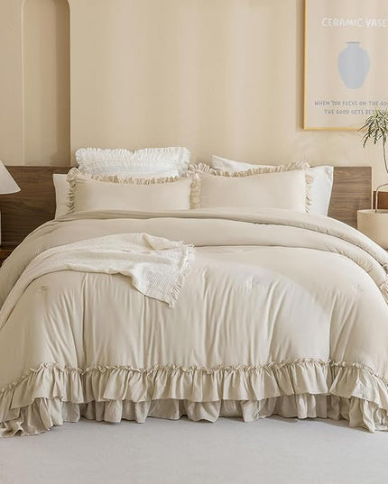 Ruffled Comforter Set Queen,3-Piece Farmhouse Shabby Boho Chic Bedding,Ultra Soft Fluffy Ruffle Bed Comforter Set (1 Wheat Comforter+2 Ruffle Pillow Shams) - LeafyLoom