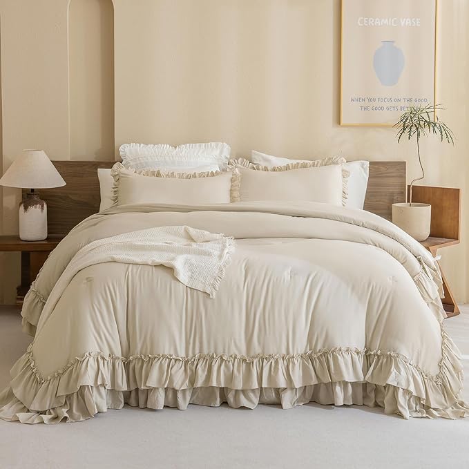 Farmhouse King Size Comforter Set,Shabby Boho Chic Bedding Ruffled King Bed Comforter Vintage Rustic French Country Bedding Sets 3 Pieces (1 Ruffle Comforter and 2 Pillowcases) - LeafyLoom