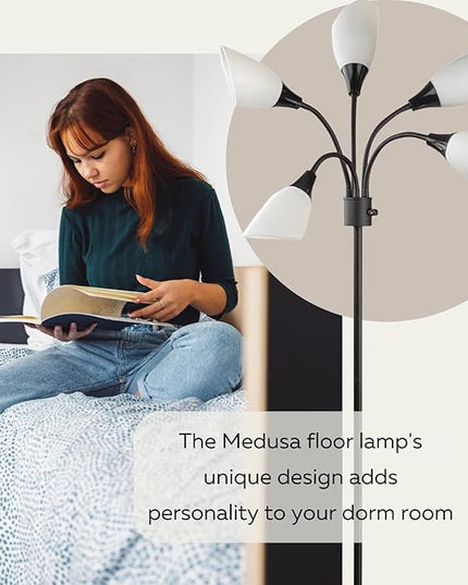 Modern Multi-Head Medusa Floor Lamp - 5 Light Standing Lamp for Bedroom and Living Room with Positionable Acrylic White Shades & 3-Light Mode Switch - Tall Black Floor Lamp for Living Room Decor - LeafyLoom