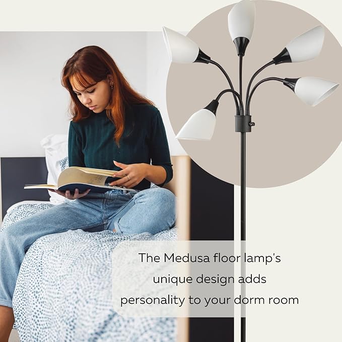 Modern Multi-Head Medusa Floor Lamp - 5 Light Standing Lamp for Bedroom and Living Room with Positionable Acrylic White Shades & 3-Light Mode Switch - Tall Black Floor Lamp for Living Room Decor - LeafyLoom