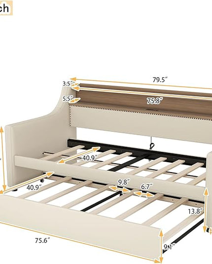 Twin Size Daybed with Trundle, Upholstered Day Bed Frame with Charging Station and LED Lights, PU Leather Sofa Beds w/Headboard & Wood Slat Support for Bedroom, Living Room, Beige - LeafyLoom