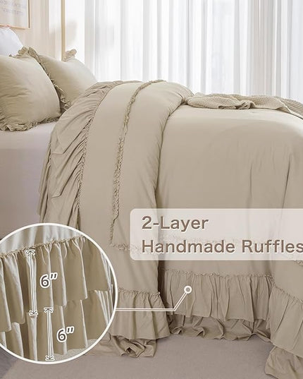 Oversized King Comforter 128x120,Farmhouse Shabby Boho Chic Ruffled Bedding Comforter Set,3pcs Extra Large King Size Wheat Ruffle Comforter Sets French Country Bedding Set Ultra Soft - LeafyLoom