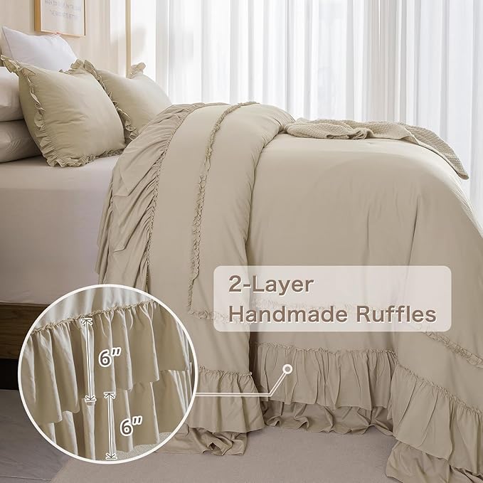 Oversized King Comforter 128x120,Farmhouse Shabby Boho Chic Ruffled Bedding Comforter Set,3pcs Extra Large King Size Wheat Ruffle Comforter Sets French Country Bedding Set Ultra Soft - LeafyLoom