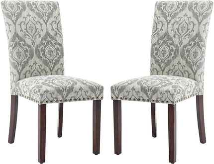 COLAMY Upholstered Parsons Dining Chairs Set of 2, Fabric Dining Room Kitchen Side Chair with Nailhead Trim and Wood Legs - Grey/White Flower - LeafyLoom