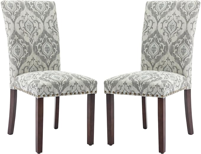 COLAMY Upholstered Parsons Dining Chairs Set of 2, Fabric Dining Room Kitchen Side Chair with Nailhead Trim and Wood Legs - Grey/White Flower - LeafyLoom