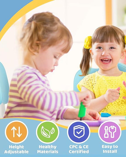 FUNLIO Adjustable Kids Chair (2pcs), 3 Level Height Adjustable Toddler Chair for Ages 3-8, Sturdy Child Chair with Maximum Bearing 220lbs, for Classrooms/Daycares/Homes, CPC & CE Approved - Blue - LeafyLoom