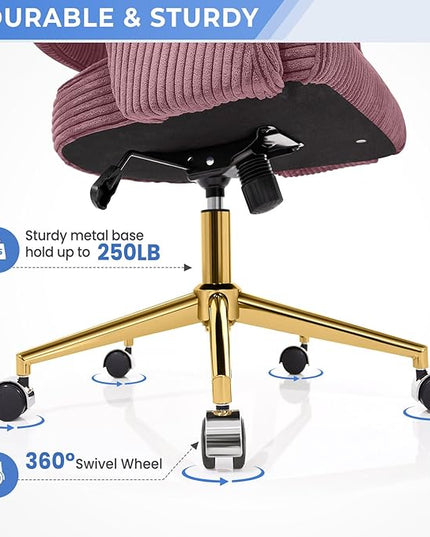 Rose Pink Office Chair, Corduroy Home Office Desk Chairs with Wheels and Gold Base, Mid Century Swivel Vanity Chair, Comfy Rolling Chair for Bedroom, Living Room, Study - LeafyLoom