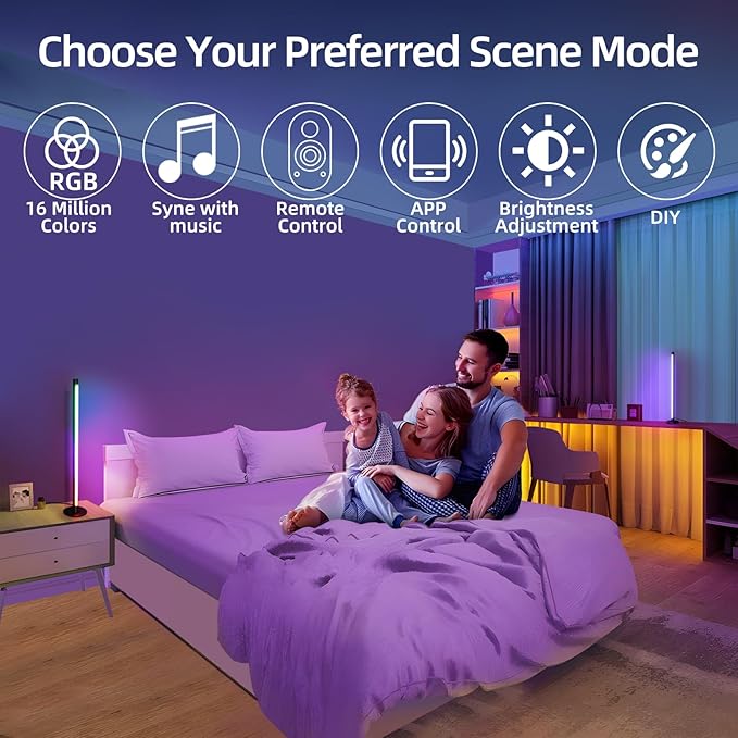 Corner Floor Lamp Smart RGB Color Changing Corner Lamp, Modern LED Bedside Lamps with Wi-Fi App Control, 64+ Scene, DIY Modes, Music Sync, Standing Lamp Suitable for Bedroom, Living Room - LeafyLoom