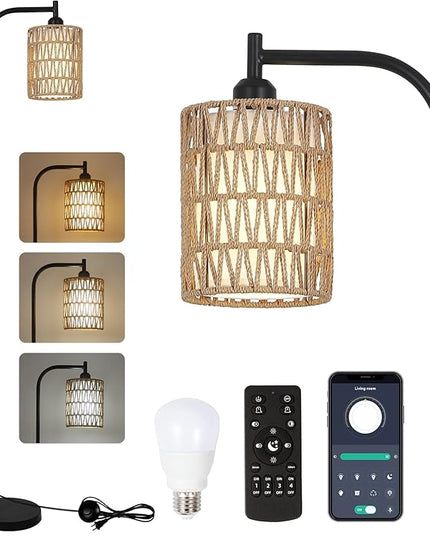 Floor Lamp with Remote, Dimmable Rattan Floor Lamp with LED Bulb, Industrial Black Tall Pole Lamp with Rattan & Fabric Shades, Boho Farmhouse Standing Lamps for Living Room Bedroom Office - LeafyLoom