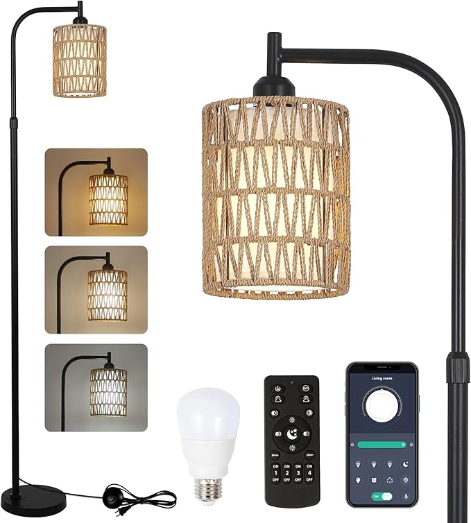 Floor Lamp with Remote, Dimmable Rattan Floor Lamp with LED Bulb, Industrial Black Tall Pole Lamp with Rattan & Fabric Shades, Boho Farmhouse Standing Lamps for Living Room Bedroom Office - LeafyLoom