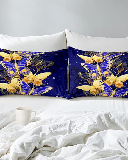 Butterfly Comforter Set, Bed Comforter Twin Set Bedroom Blue Gold Butterfly Bedding Sets for Girls Teens Retro Vintage Soft Quilt Set Twin Size, 2 Piece 1 Comforter + 1 Pillowcase - LeafyLoom