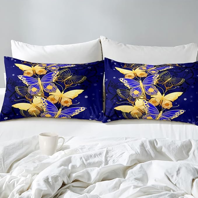 Butterfly Comforter Set, Bed Comforter Twin Set Bedroom Blue Gold Butterfly Bedding Sets for Girls Teens Retro Vintage Soft Quilt Set Twin Size, 2 Piece 1 Comforter + 1 Pillowcase - LeafyLoom
