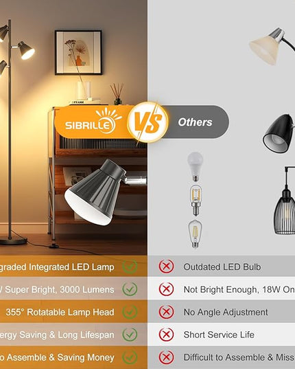 36W Integrated LED Tree Floor Lamp, Rotatable Modern 3 Light Standing Lamp with Foot Switch, Bright Reading Tall Lamp with 3 Color Temperatures, Black Stand up Lamp for Living Room, Bedroom, Office - LeafyLoom