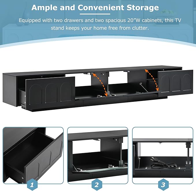 Merax TV Stand for Televisions Up to 95'', Functional Media Console with APP-Controlled Smart LED Light, Arched Cabinet Doors and Fluted Glass Doors, Entertainment Center, for Living Room, Black - LeafyLoom