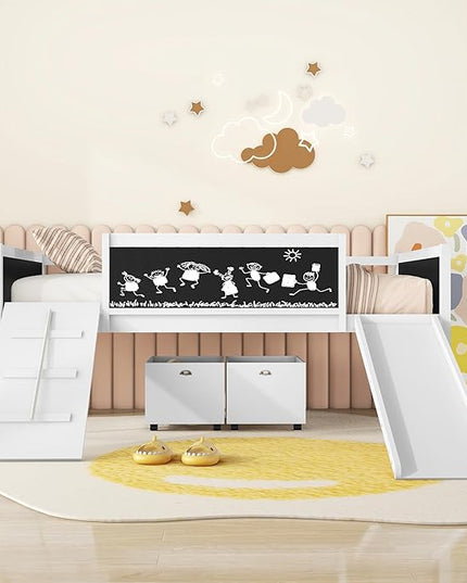 Twin Size Low Loft Bed with Slide and 2 Storage Boxes,Kids Low Loft Bed Frame with Climbing and Chalkboard,Solid Loft Bed Twin for Boys,Girls,White - LeafyLoom
