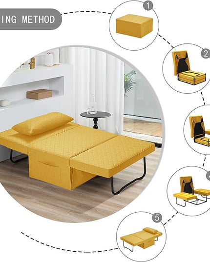 Sofa Bed, 4 in 1 Multi-Function Folding Ottoman Breathable Linen Couch Bed with Adjustable Backrest Modern Convertible Chair for Living Room Apartment Office,Squared-Linen Yellow - LeafyLoom
