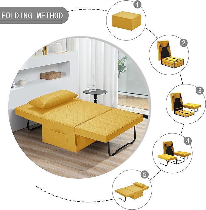 Sofa Bed, 4 in 1 Multi-Function Folding Ottoman Breathable Linen Couch Bed with Adjustable Backrest Modern Convertible Chair for Living Room Apartment Office,Squared-Linen Yellow - LeafyLoom