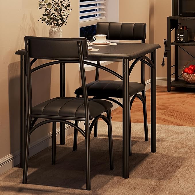 IDEALHOUSE Kitchen Table and Chairs for 2, Dining Table Set for 2 with Upholstered Chairs, 3 Piece Square Kitchen Table Set, Dining Room Table Set for Small Space, Apartment, Rustic Black - LeafyLoom