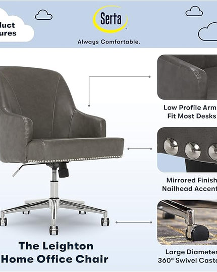 Serta Leighton Modern Office Chair, Stylish Mid-Back Desk Chair, Rivet Detail, Serta Quality Memory Foam, Armchair with Wheels, Vanity Chair, Swivel Chrome Metal Base, Bonded Leather, Gray - LeafyLoom