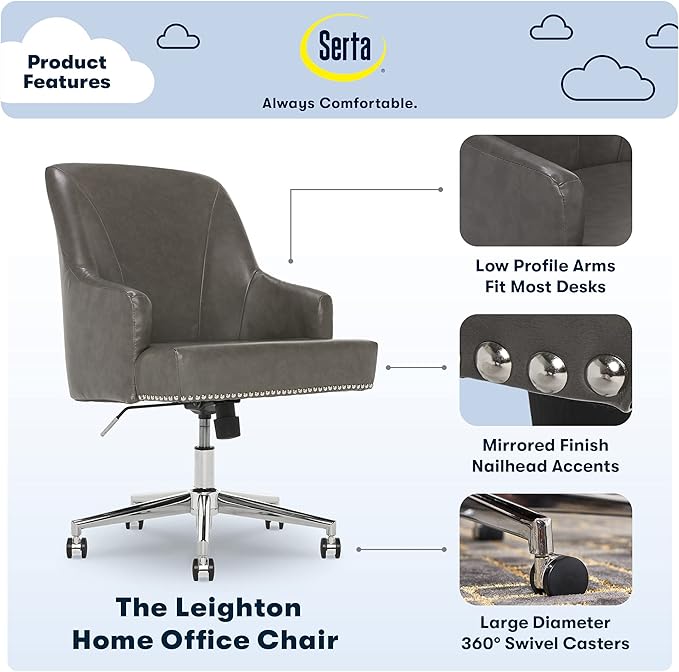 Serta Leighton Modern Office Chair, Stylish Mid-Back Desk Chair, Rivet Detail, Serta Quality Memory Foam, Armchair with Wheels, Vanity Chair, Swivel Chrome Metal Base, Bonded Leather, Gray - LeafyLoom
