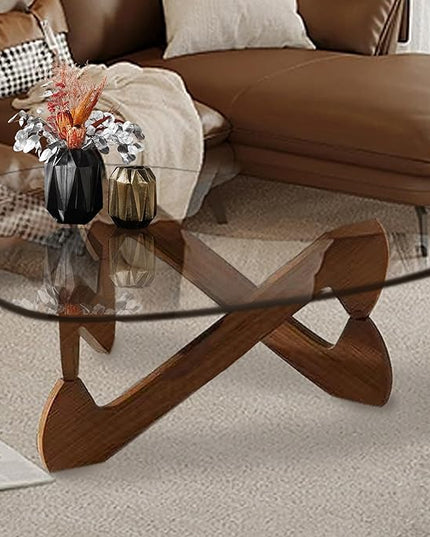 Triangle Coffee Table Glass Coffee Table for Living Room Clear Glass Coffee Table with Solid Wood Base Mid Century Modern Coffee Table for Small Spaces (Walnut-Transparent, 44.9in) - LeafyLoom