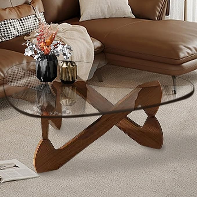Triangle Coffee Table Glass Coffee Table for Living Room Clear Glass Coffee Table with Solid Wood Base Mid Century Modern Coffee Table for Small Spaces (Walnut-Transparent, 44.9in) - LeafyLoom