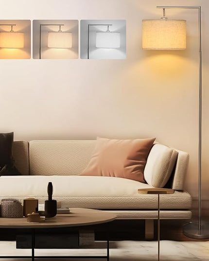 FAGUANGAO Silver Floor Lamp with 3 Color Tempratures LED Bulb, Modern Standing Lamp with Hanging Drum Shade for Living Room, Bedroom, Study Room, Office(Bulb Included) - LeafyLoom