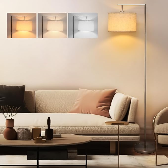 FAGUANGAO Silver Floor Lamp with 3 Color Tempratures LED Bulb, Modern Standing Lamp with Hanging Drum Shade for Living Room, Bedroom, Study Room, Office(Bulb Included) - LeafyLoom
