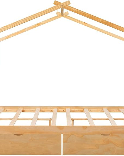 Full Bed Frame with Headboard and Footboard, Low House Bed/Full Bed Frame with Storage Drawer, Wood Bed Frame for Kids, Girls, Boys, Teens, Full Bed Frame Natural - LeafyLoom