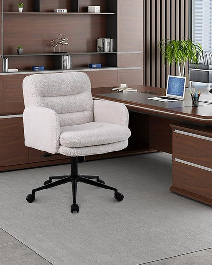 Adjustable Height Home Office Chair, Modern Mid Back Computer Desk Chair with Wheels, Ergonomic Upholstered Swivel Chair, Cream - LeafyLoom