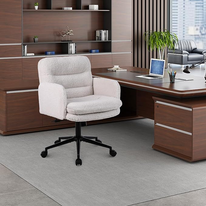 Adjustable Height Home Office Chair, Modern Mid Back Computer Desk Chair with Wheels, Ergonomic Upholstered Swivel Chair, Cream - LeafyLoom