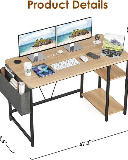 Computer Desk, 47.2” Home Office Desks, Modern Small Desk for Bedroom, Gaming Desk with Iron Hook and Height Adjustable Feet, Sturdy Student Writing Desk with Storage Bag, Storage Shelves - LeafyLoom